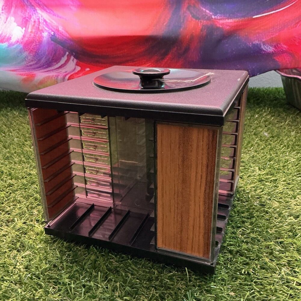 Vintage Rotating Cassette Tape Storage Carousel Holder Woodgrain Smoke Plastic